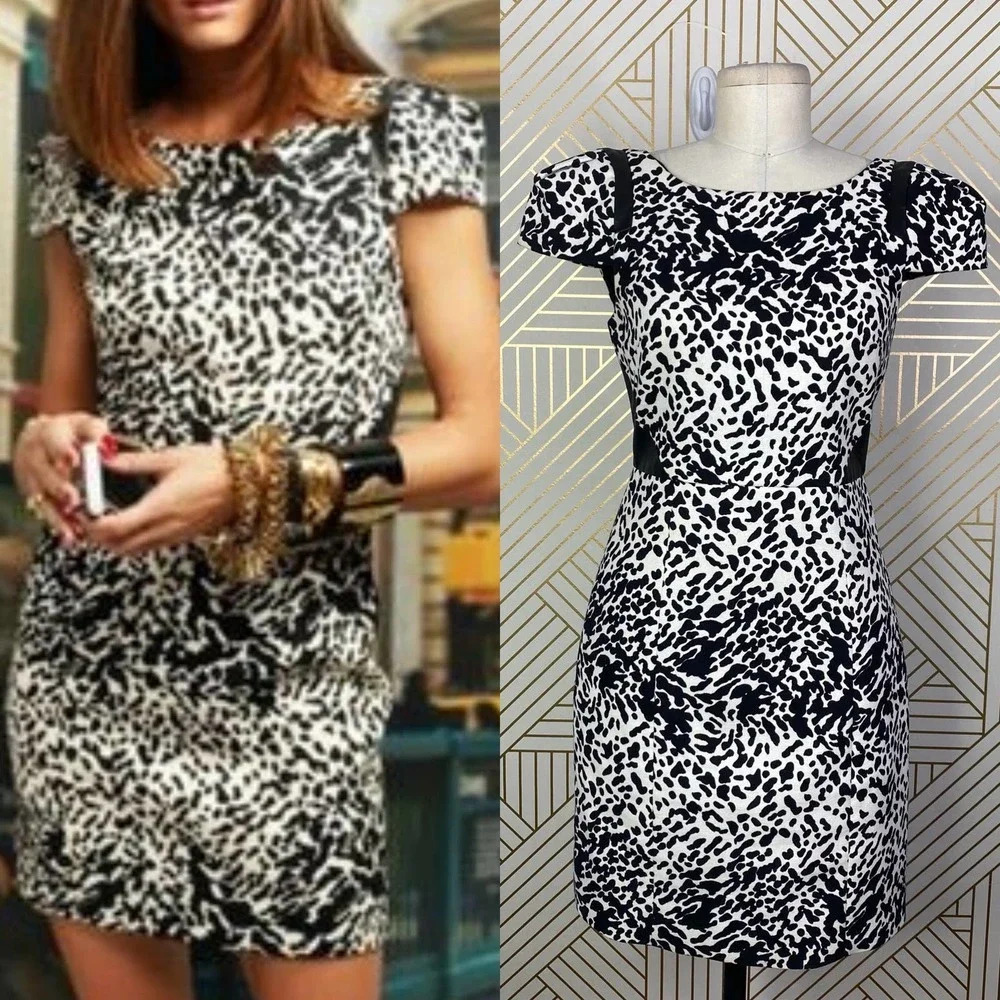 Tibi Animal Print Leather Panel Dress Black Cream Size US 2